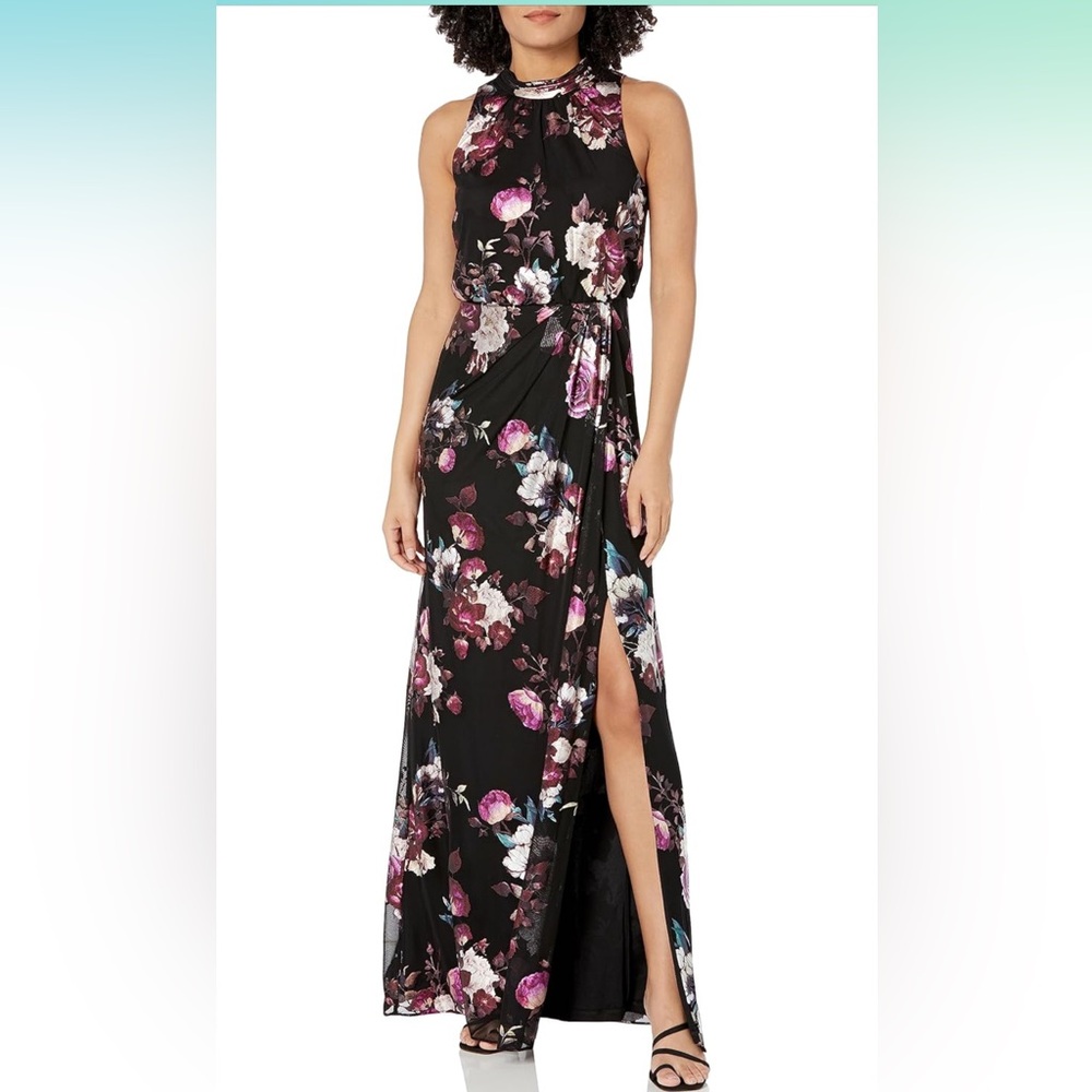 Adrianna Papell floor length dress with vibrant florals on black background